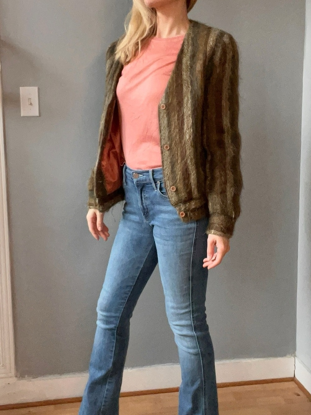Fuzzy vintage 90s Mohair Bomber Jacket in Olive & Brown removable suede collar - Picture 2 of 12
